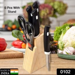 0102 Kitchen Knife Set with Wooden Block and Scissors (5 pcs, Black)